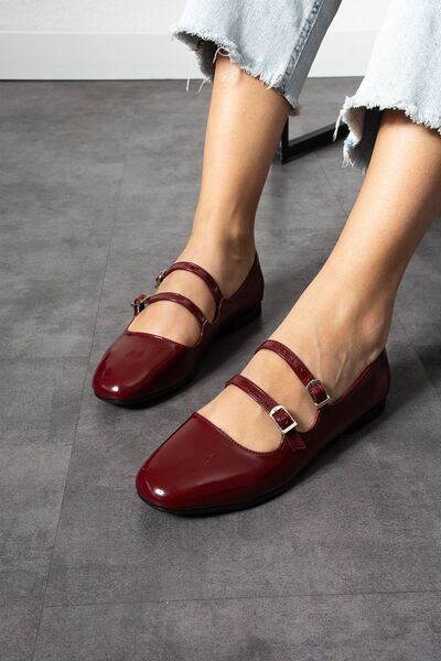 KOTAN Claret Red Patent Leather Women's Ballerinas - Double Belted, Flat Sole