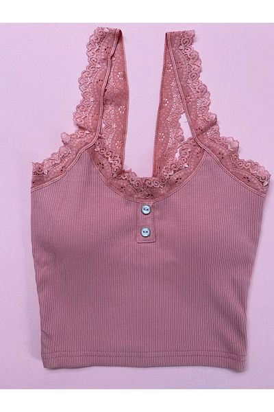 MODALİNOSA Corded Fabric - 2-Piece Black Dried Rose Women's Half Tank with Removable Pads and Button Detail