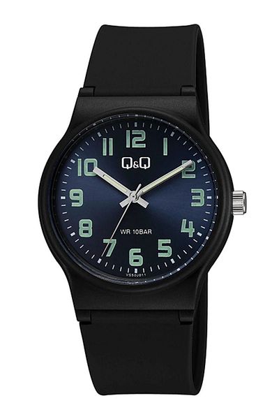 Q&Q Unisex Wristwatch with Navy Blue and Black Numbers, Waterproof Silicone Strap and Highlights
