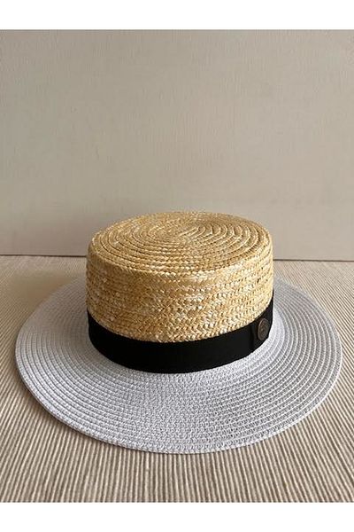 CosmoOutlet White Colored Natural Straw Detailed Beach Gondola Hat - Adjustable Inside