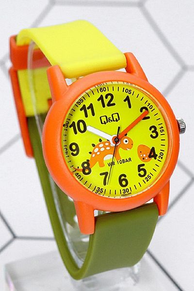 Q&Q Orange Green Dinosaur Patterned Waterproof Children's Wristwatch with Numbers