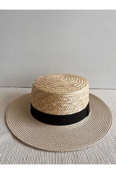 CosmoOutlet Beige Colored Beach Gondola Hat - Natural Straw Detailed, Adjustable Inside