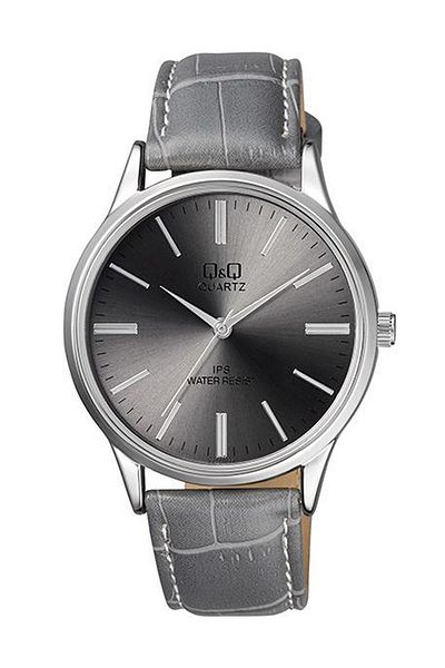 Q&Q Classic Striped Men's Wristwatch with Gray Leather Strap