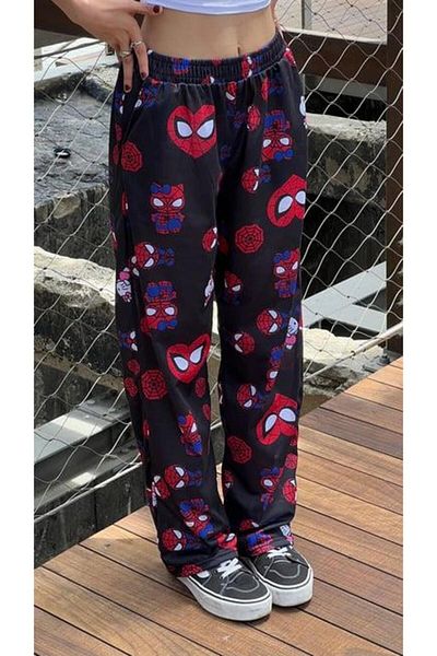 Touz Moda Μαύρο παντελόνι φούτερ Hello Kitty & Spider-Man με λεπτομέρειες Unisex