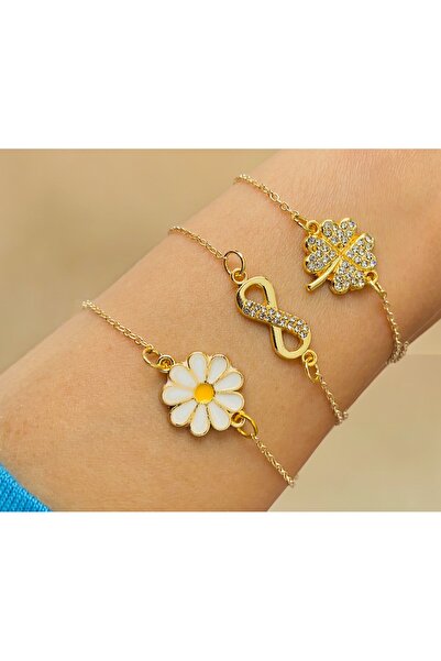 xesha 3 lü Kombin Bileklik Seti Gold Renk Bilezik Künye Takımı Papatya Sonsuzluk 4 Yapraklı Yonca