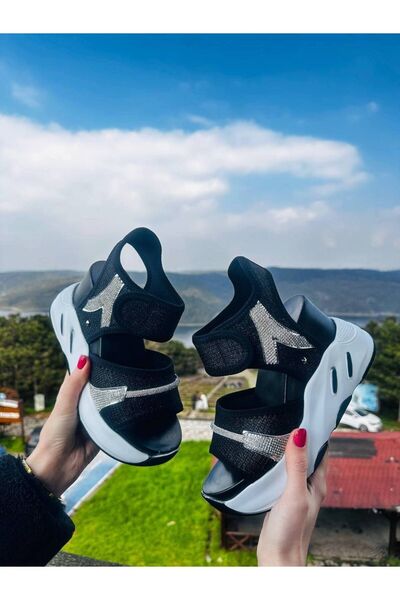 Leyna Black and White Stone Detailed Wedge Heel Women's Sports Sandals