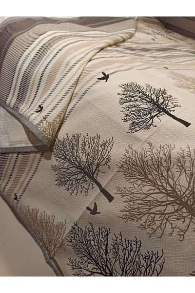 ŞENER HOME Tree of Life Pattern Printed 150x240 Cm.Single Person Single Pique - Gray