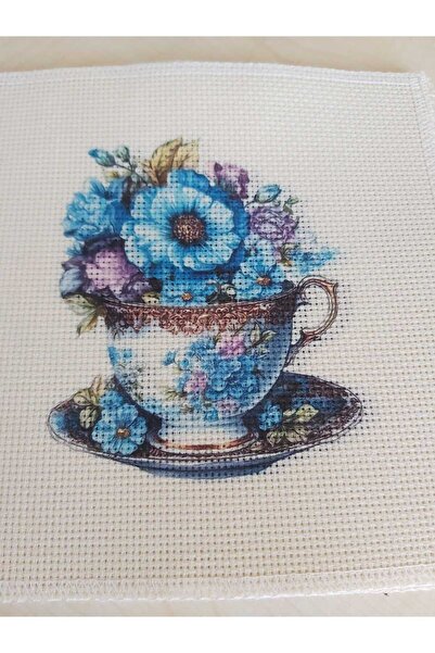 Goblen Atölyesi 20 Cm Kumaşa Baskılı Mavi Fincan Renkli Etamin