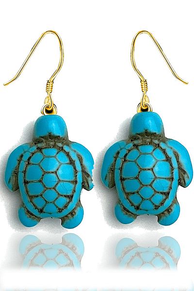 Tesbih Atölyesi Gold Turtle Model - Real Turquoise Stone Earrings (Turquoise Stone) Certified
