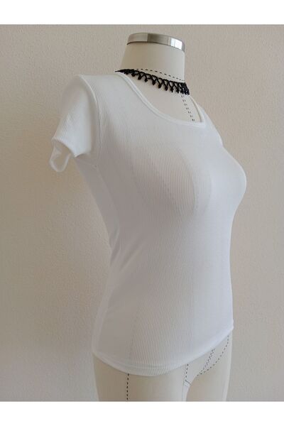 MODA59 Square Collar Short Sleeve Ribbed Body