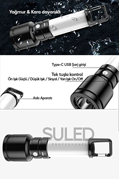 SULED USB Şarjlı El Feneri ve Kamp Lambası 4 Modlu 10W A+ Led Işık Outdoor Askı Aparatlı Lityum Pilli