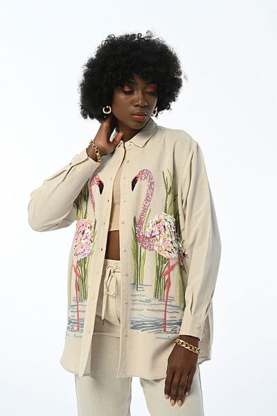 FURKAN EXCLUSIVE Beige Colored Flamingo Patterned Embroidered Oversize Women's Shirt