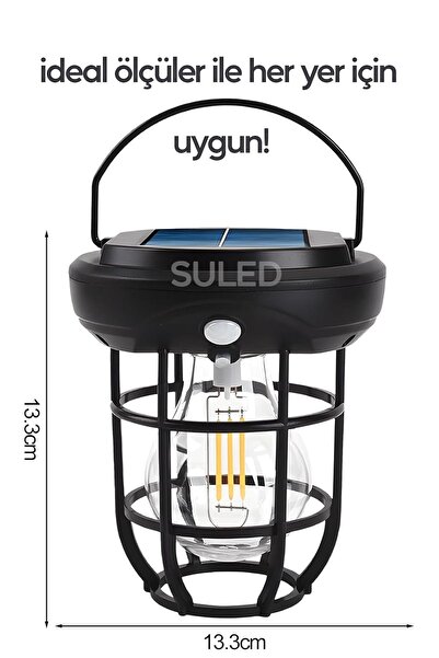 SULED Solar Şarjlı Hareket Sensörlü Led Fener Işık 15W Askılı 3 Modlu Otomatik Led Kamp Bahçe Lambası