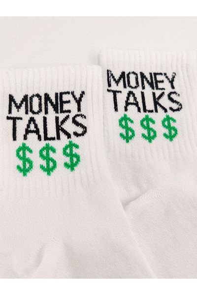 Shuttle Park White College Unisex Comics Socks - "Money Talk" Design with Lettering