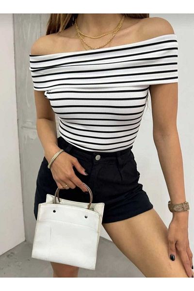 aytenli Striped Madonna Collar Crop Top