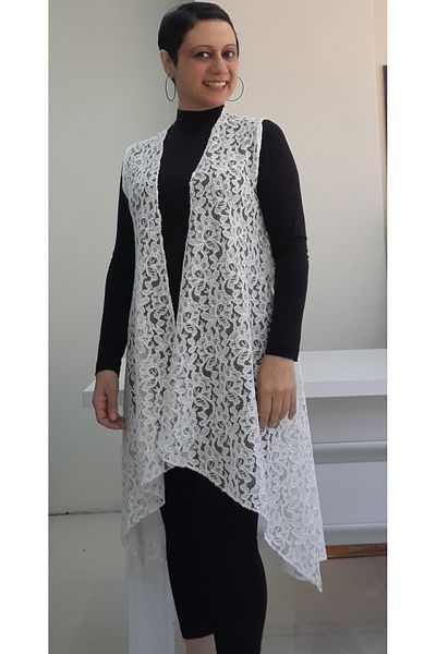 Mertcan Butik Λευκό Casual Ασύμμετρο Δαντελένιο Γιλέκο