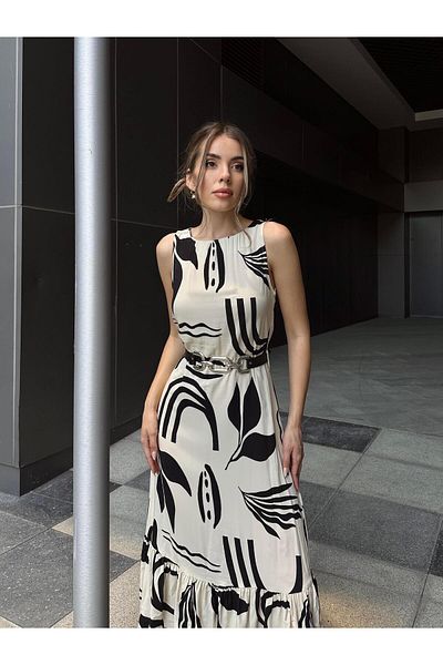 SEDA FİDAN Black Viscose Dress - Belted and Flounce Pattern