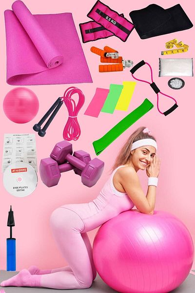 Jet 20 Pieces Home Pilates Set Full Plates Aerobics Mat Ball Dumbbell 3 Pieces Gymnastics Rubber Band Squat