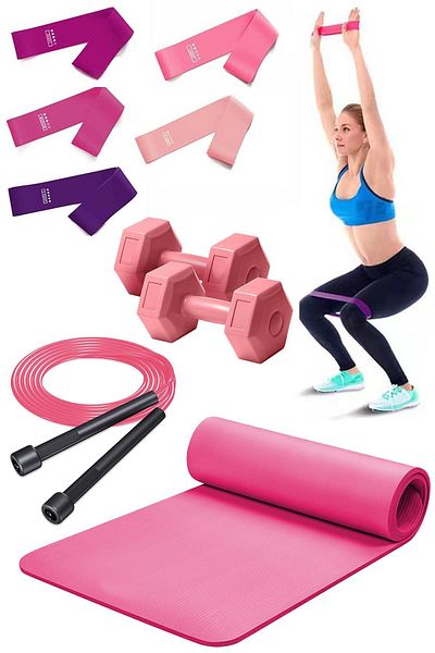 Ultio Spor Pilates Set 5 Pieces Latex Squat Band Jump Rope Dumbbell Yoga Mat