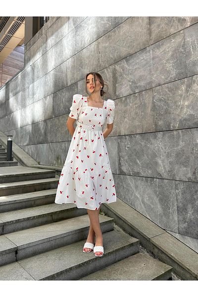 SEDA FİDAN Rochie din popelin ecru - cireș și mânecă balon