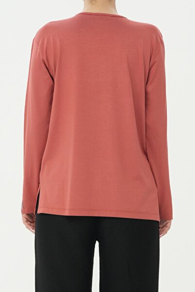 BURSPA Yaka Ve Kol Ucu Tül Detaylı Taş Işlemeli Somon Anne Penye Bluz