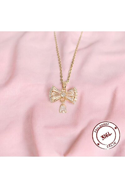 Laperla Aksesuar Gold Zirkon Taşlı Kurdele Model Çelik Kolye