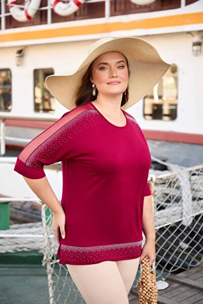 Butik Ayseba Kadın Kolu Tül Detaylı Omuz Dekolteli Taşlı Şık Bluz