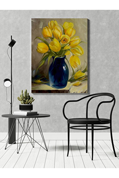RUGSMODERN Kanvas Tablo Mavi Pastel Boyalı Sarı Çiçekli  Vazolu Temalı Desenl...