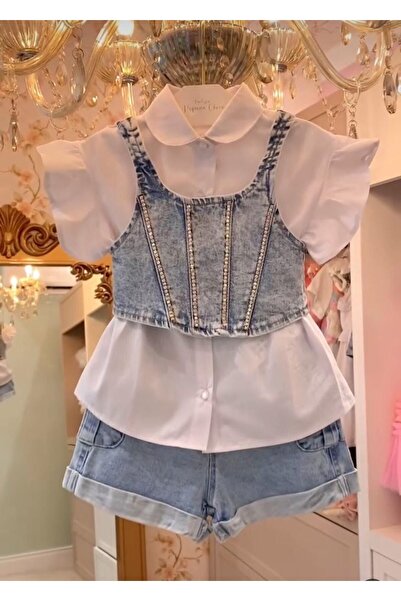 tunay moda Kot şort, taşlı büstüyer ve poplin gömlek