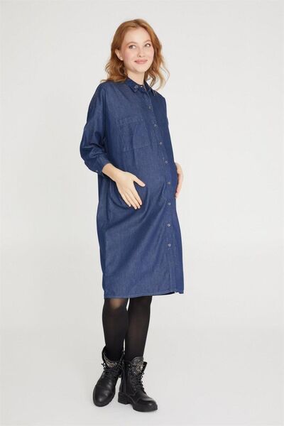 VAVIEN Hamile Koyu Mavi Gömlek Elbise 1021