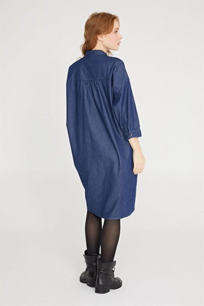 VAVIEN Hamile Koyu Mavi Gömlek Elbise 1021