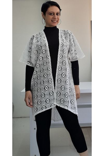 Mertcan Butik Λευκό Δαντελένιο Γιλέκο - Μανίκι Νυχτερίδας, Σπασμένο Σχέδιο