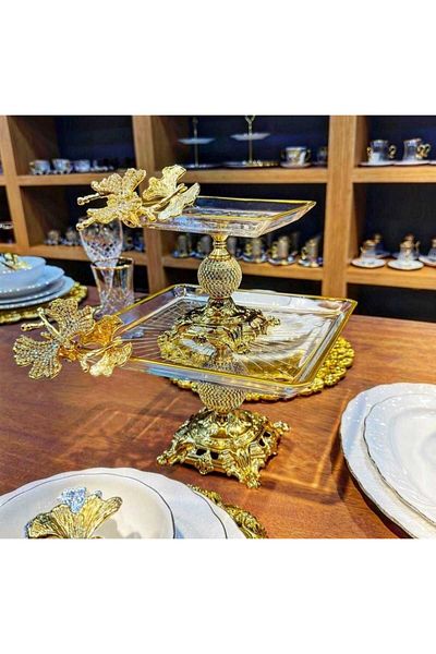Elta Collection Diamond Square Draped - 2-Piece Butterfly Patterned Pasabahce Cake Presentation Cookie Holder