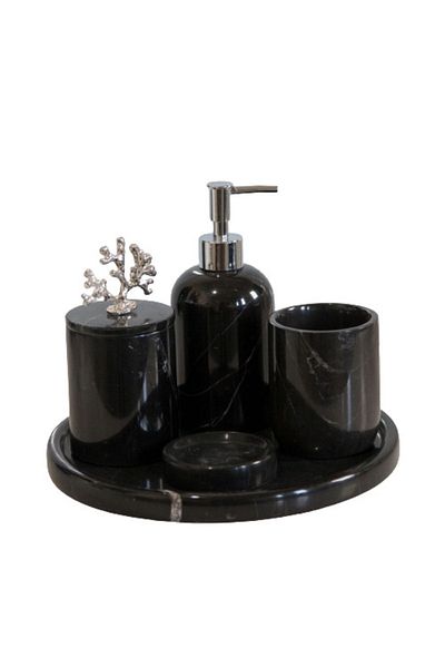 ege gross Decorative Black Marble Silver Coral Detailed 5 Piece Bathroom Set Set