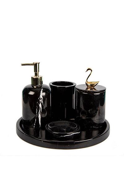 ege gross Decorative Black Marble Gold Bird Swan Detailed 5 Piece Bathroom Set Set