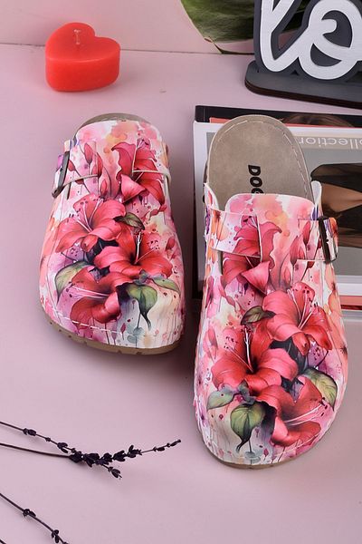 DOGİYE 8073 Πολύχρωμα λουλούδια με στάμπα Comfort Sabo Slippers