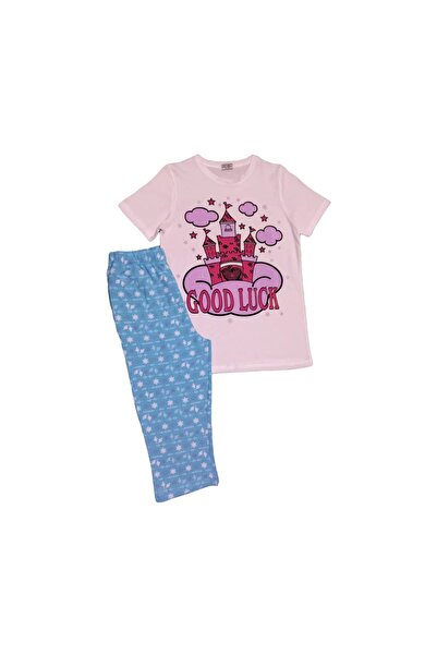 Newteam طقم بيجامة بناتي منقوش بأكمام قصيرة - بنطلون كابري 4308