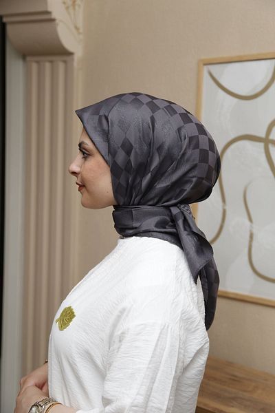 ŞahTan Cotton Jacquard Jacquard Scarf - Silky with Checkerboard Pattern