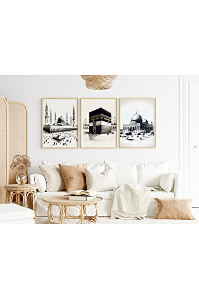 Efsa Sanat Tasarım Çerçeveli 3'lü İslami Tablo Seti - Kabe - Mescidi Nebi - M...