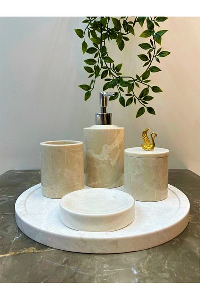 ege gross Decorative Beige Marble Gold Lying Swan Detailed 5-Piece Bathroom Set Set