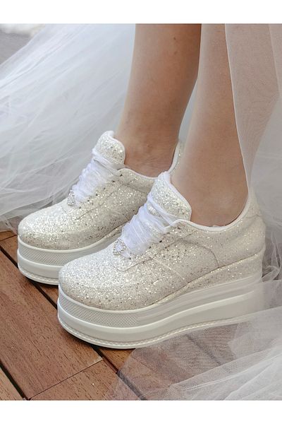 Ayakkabı Tutkusu Stilo ® 9cm Wedge Heeled Bridal Shoes - Glittering Off-White, Comfortable Design