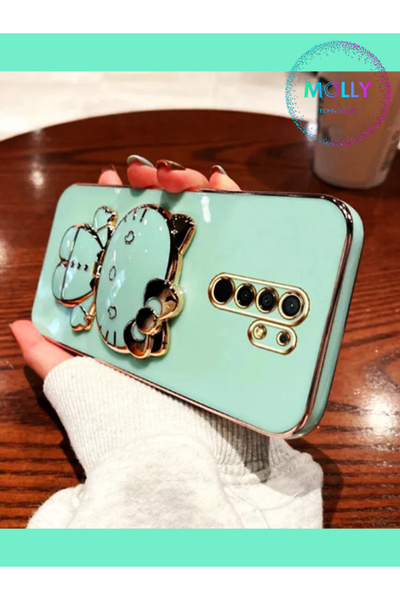 Molly Xiaomi Redmi 9 İçin Su Yeşili Hello Kitty Standlı Kenarları Gold Detayl...