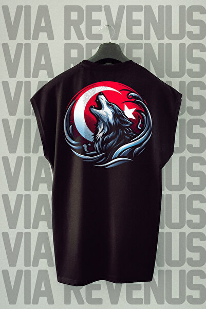 Vordevia Tricou sport negru supradimensionat - imprimeu cu steag și lup pe sp...