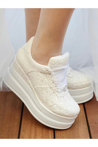 Ayakkabı Tutkusu Stilo ® Bridal Shoes Sparkling Off-White 9cm Wedge Heels Very Comfortable