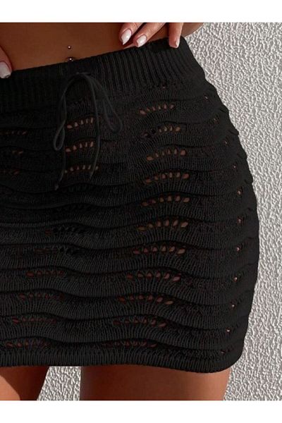 hanope Women's Pareo Rope-Tied Wavy Openwork Thin Summer Beach Super Mini Knitwear Skirt