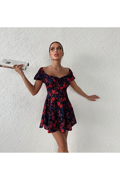 ALLEYTA Rochie mini pentru femei cu imprimeu floral - Detaliu cu cravată la piept