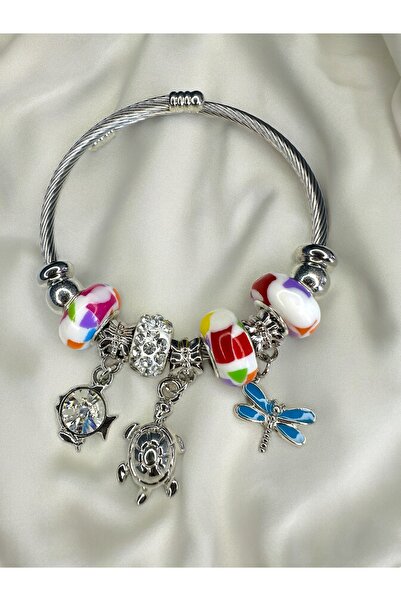 Renkli Charm Detaylı Silver Çelik Bileklik