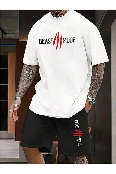 Boi Unisex Oversize καλοκαιρινό κοστούμι - Σορτς και χτενισμένο βαμβακερό μπλουζάκι, εμπριμέ, χαλαρή εφαρμογή