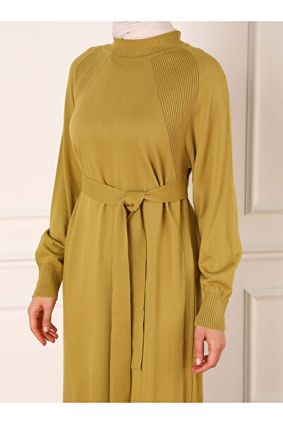 Refka Ζώνη με λεπτομέρεια Raglan Πλεκτό Φόρεμα Hijab - Oil Green - Refka