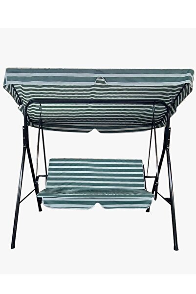 met35 3 Kişilik Sabit Salıncak - Gölgelikli Bahçe Balkon Teras Salıncağı - Yeşil Beyaz Çizgili